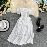 ราคา Chiffon Off Shoulder Dress Women Korean Plain High Waist Casual Midi Dresses (13557292366)