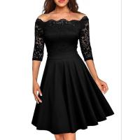 ราคา Vintage Elegant Womens Off Shoulder Lace Paneled A line Dress (16521978799)