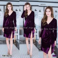 ราคา TW14070 เดรสกำมะหยี่ไขว้อกแขนยาว (5531758040)