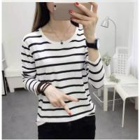 ราคา เสื้อยืดแฟชั่นผู้หญิง คอกลม แขนยาว ผ้าเนื้อดี ลายขวาง สวยๆ สีขาว รุ่น C809 (10646044003)