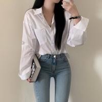 ราคา เสื้อทรงหลวมสไตล์เกาหลีสำหรับผู้หญิงสีขาวสีดำสีน้ำเงินเสื้อเชิ้ตเรียบง่ายเสื้อสีน้ำเงิน (18193530016)