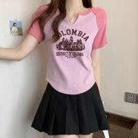 ราคา hanshi HOT FASHION American Retro Print Short Sleeve T shirt Summer Women V Neck Casual Crop Top (18492849861)