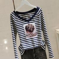 ราคา เสื้อยืดลายทางสตรี2023เสื้อยืดแขนยาวคอวีทรงสลิมสีตัดกันแบบตะวันตก (20870918691)