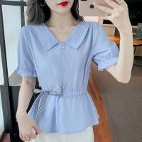 ราคา เสื้อยืดแขนสามส่วนผ้าชีฟองลำลองของผู้หญิงเสื้อโบว์บางเอวแขนสั้นสำหรับฤดูร้อนสไตล์ใหม่ (18074429801)