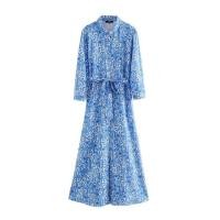 ราคา ZZOOI TRAF Women Chic Fashion Floral Print With Belt Midi Shirt Dress Vintage Three Quarter Sleeve Female Dresses Vestidos (10524568017)