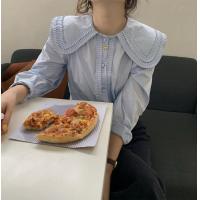 ราคา SD2879 เสื้อเชิ้ตคอบัวแขนยาวลายริ้วๆพริ้วๆ สไตล์เกาหลี เสื้อทรงคุณหนูแขนยาวเรียบๆ free size (20638626110)