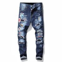ราคา DSQUARED2 Brand Mens Jeans Mens Casual Slim D2 Badge Embroidery Ripped Blue Denim Pants Hip Hop Street Elasticity Skinny Jeans (16492482925)