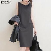 ราคา ZANZEA ชุดเดรสสาวออฟฟิศแขนกุดคอกลมผ่าหลังผ่าข้างสีพื้น 2 (19648625981)