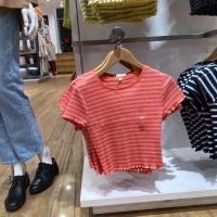 ราคา UNIQLO เสื้อยืดแขนสั้นสำหรับผู้หญิงขอบเห็ดลายทางคอตตอนเอวสูง Y458265 458291 (19700450127)