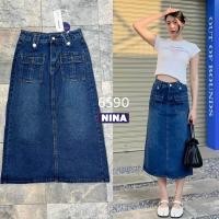 ราคา ℬ? ? ? ? ? ? ? ? ? ? ? ? กระโปรงยีนส์เอวสูง ผ้าไม่ยืด กระเป๋าหน้า 2 ใบ แต่งอะไหล่หูทอง ทรงสอบผ่าหลัง Nina 6590 (21061918378)