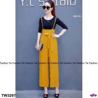 ราคา TW3297 set 2 ชิ้น เอี๊ยมสายเดี่ยว เสื้อยืดแขนสามส่วน สายผูกเอว (402896156)