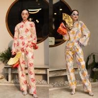 ราคา เซตกี่เพ้า 2 ชิ้น เสื้อคอจีนแขนแต่งขนนก กางเกงขา ยาว พิมพ์ลายดอกเหมย VSHOP (17399396082)
