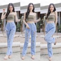 ราคา กางเกงยีนส์แต่งขาดผู้หญิง ส่งเร็ว กางเกงยีนส์ผู้หญิง ทรงกระบอก เอวสูง ฟอกขาด สีอ่อน (21050469824)