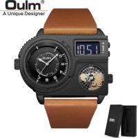 ราคา Oulm 5026 Dual Display Wristwatch Men Two Time Zone Sport Watch Male Big Size Quartz Clock Men 39s Casual Leather Watches Hot selling (15060089302)