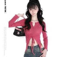 ราคา พร้อมส่ง เสื้อครอปแขนยาว ผ้าไหมพรม คอวี เข้ารูป มีเชือกผูกเสื้อ ผ้านุ่มสวย เอวลอย เซ็กซี่เบาๆ crop top สำหรับผู้หญิง (20798815486)