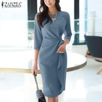 ราคา จัดส่งฟรี Fancystyle ZANZEA ชุดเดรสผู้หญิง ชุดเดรสสวยๆหรู ชุดซันเดรสสไตล์เกาหลีของผู้หญิงแบบผูกปมที่เป็นทางการทำงานเก็บเอวเป็นทางการ 11 (19553938064)