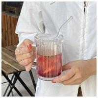 ราคา Simple stand striped glass straw cup with lid water cup milk coffee cup drink cup 375ml glass with lid (20318885467)