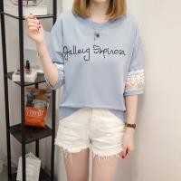 ราคา ส่งเร็วพิเศษ เสื้อยืดแฟชั่นผู้หญิง แขน5ส่วน แต่งซีทรูลูกไม้ อกแต่งตัวหนังสือสวยเก๋ สไตล์เกาหลี รุ่น 303 (2067036062)