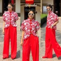 ราคา เซทเสื้อลายใบไม้แดงคอจีนแขนสั้น แขนพองๆนิดๆ มาพร้อมกับกางเกงขายาวทรงกระบอก ชุดเซ็ท กี่เพ้า Yunaka (21278763466)