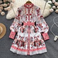 ราคา New Women Elegant Party Dress Spring Autumn Long Sleeve A Line Floral Printed Dress Fashion Cutout Lace Single breasted Short Dress (19701132388)