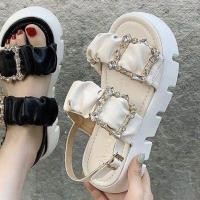 ราคา รองเท้าผู้หญิง รองเท้าส้นเตารีด พื้นหนา รัดข้อ ประดับเพชร หนังนิ่มมาก (20476755150)