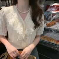 ราคา AMMIN เสื้อลายลูกไม้แขนสั้นคอวีสำหรับผู้หญิงเสื้อลูกไม้ปัก MODE Korea แต่งระบายสำหรับฤดูร้อน (18149146251)