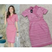 ราคา เดรสผ้าไทย ลายขอเจ้าฟ้า ซิบหลัง คอปกทรงสูท ชุดทำงานผ้าไทย (19365389727)
