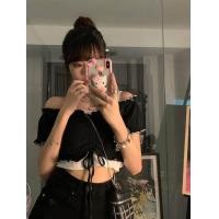 ราคา เสื้อครอปปาดไหล่เอวลอยแขนสั้น เสื้อเปิดไหล่ มีเชือกด้านหน้า เนื้อผ้านิ่มใส่สบาย เสื้อผ้าแฟชั่นสไตล์เกาหลี (13949964024)