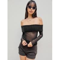 ราคา Cider Solid Knit Off shoulder Transparent Long Sleeve Top (20741283987)
