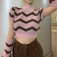 ราคา H H พร้อมส่ง เสื้อคอกลมไหมพรม แขนสั้น ดีเทลลายทางหยัก แถมปลอกแขน เกาหลีเกาใจ M0731 C (20714937254)