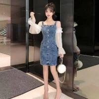 ราคา ชุดเดรสยีนส์ คอเหลี่ยม แขนชีฟอง สไตล์เกาหลีรุ่นใหม่ (17214477536)