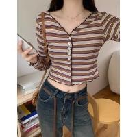 ราคา Cici Y5060 เสื้อครอปแขนยาวไหมพรมลายทาง ดีเทลกระดุมหน้า ลูกเล่นแต่งขอบหยัก สุด Cute (20363384391)