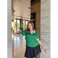 ราคา CiCi Plus 2321 เสื้อไหมพรมแขนสั้น คอปก เพิ่มเว้าคอลึกสีทูโทนสีแจ่มสวยน่ารักสไตล์เกาหลี (21137203381)