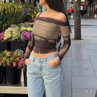 ราคา เสื้อยืดโชว์เนคไทวินเทจเสื้อครอปครึ่งตัวเปิดไหล่ของผู้หญิงสวยงามลายพิมพ์แขนยาวโชว์สะดือ (20800743854)