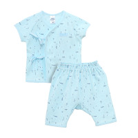 ราคา ENFANTชุด เสื้อป้ายอกอุ่นแขนสั้นพิมพ์ลายเส้นสีเทอคอย กางเกงขาสามส่วนทรงก้นกว้าง ไซส์ 60 70 (20628355081)