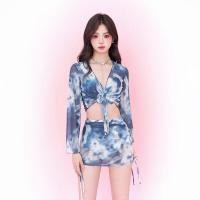 ราคา ชุดว่ายน้ำ 4 ชิ้น bikini เสื้อคลุม ผ้าคลุม ลายมัดย้อมสีคราม 0713 2393 (20372654945)
