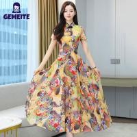 ราคา GEMEITE Fast Delivery Women Cheongsam Dress Retro Ethnic Printed Hollowed Stand Collar Short Sleeve Waist Fit Mid Length Skirt (21027122975)