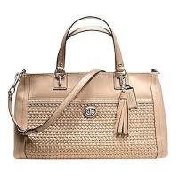 ราคา กระเป๋าถือ COACH แท้ รุ่นหรูจาก Shop ทรงสวย หนังแท้สาน สวยหรูมาก มีสายยาว ถอดแยกได้ ใบใหญ่ COACH 23956 PARK WOVEN PIPER LEATHER CARRYALL TAN (228735)