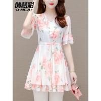 ราคา เสื้อเชิ้ตผ้าชีฟองลายดอกไม้เล็กๆสวยๆชุดฤดูร้อนสำหรับผู้หญิงเสื้อคอวีเสื้อยืดมีเชือกรูดแบบยาวปานกลางเสื้อตัวเล็กสไตล์ตะวันตกขอบหยักเก็บเอว (19925550559)