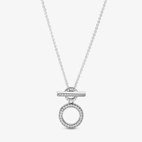 ราคา 925 Sterling Silver Double Hoop T bar Necklace Zircon Stone Circle Pendant Jewelry For Women (21116515691)