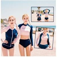 ราคา ชุดว่ายน้ำผู้หญิง ชุดว่ายน้ำทูพีซ แขนยาว สีชมพูน้ำเงิน แบบมีซิป 3ชิ้น ไม่มีซิป 2 ชิ้น M XL SK036 (7387581768)