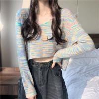 ราคา Dahong 0767 พร้อมส่ง เสื้อถักไหมพรม เสื้อแขนยาว คอวี ตัวสั้น สีเรนโบว์ เนื้อผ้าไหมพรม สไตล์น่ารัก (7254712259)