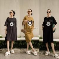 ราคา พร้อมส่ง ชุดเดรสแขนสั้นผ้ายืด เดรสสกรีนลายการ์ตูน งานป้ายvshop (19674637409)