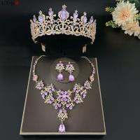 ราคา The Panda Jewelry Set Three Piece Bridal Purple Crown Necklace Earrings Bridal Dress Accessory Inlaid with Rhinestones Glittering Eardrops Decoration Headwear Necklaces Wedding (17124937214)