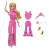 ราคา ชุดเสื้อผ้าสีชมพูภาพยนตร์สำหรับตุ๊กตาบาร์บี้ชุดเสื้อแขนกุดกางเกงขายาวรองเท้าสีทองต่างหูห่วงตุ๊กตา1 6 (20997342465)