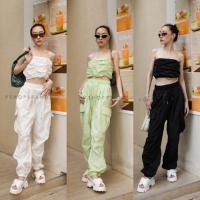 ราคา พร้อมส่ง ชุดเข้าเซท Set เกาะอกรูดเอว กางเกงเอวสม็อคขายาวแต่งกระเป๋าข้าง งานป้าย Vshop (19473057540)