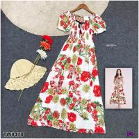 ราคา TW8470 เดรสยาว เปิดไหล่ อกสม็อค ลายดอก (560482795)