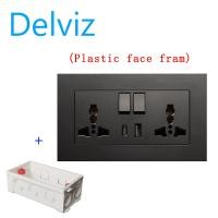 ราคา DELVIZ power outlet Dual 3 hole 1A1C charging socket The power supply is controlled by a switch PC flame retardant plastic frame wall socket Grey panel The dimensions are 146mm 86mm Compatible with an