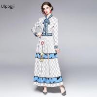 ราคา Print Maxi Dress Women Vintage Striped Bow Tie Collar Wrist Sleeve Runway Pleated Vestidos Plus Size (20129529012)