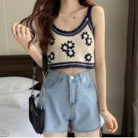 ราคา เสื้อสายเดี่ยวถักไหมพรมดอกไม้ เสื้อครอปปักลายดอกสไตล์เกาหลีสำหรับผู้หญิง (20051657037)